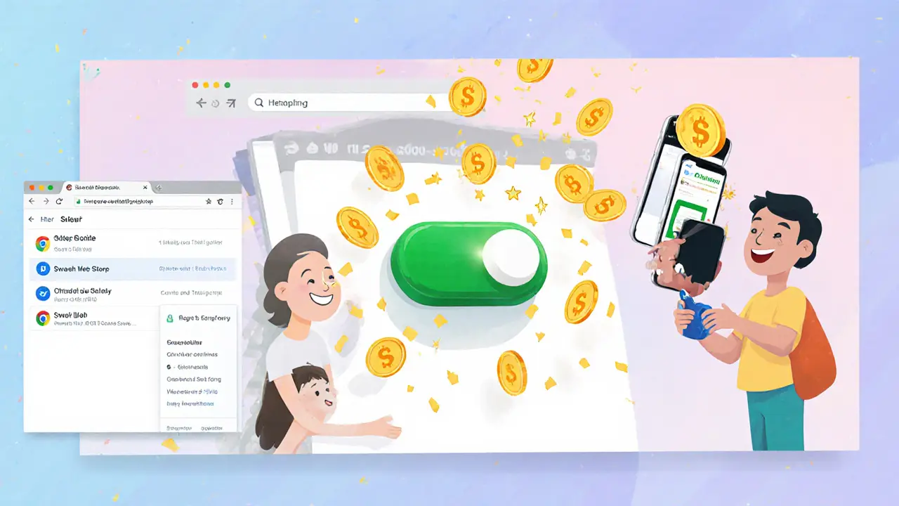 User installs Swash extension, syncs app, activates green toggle, earns golden tokens.