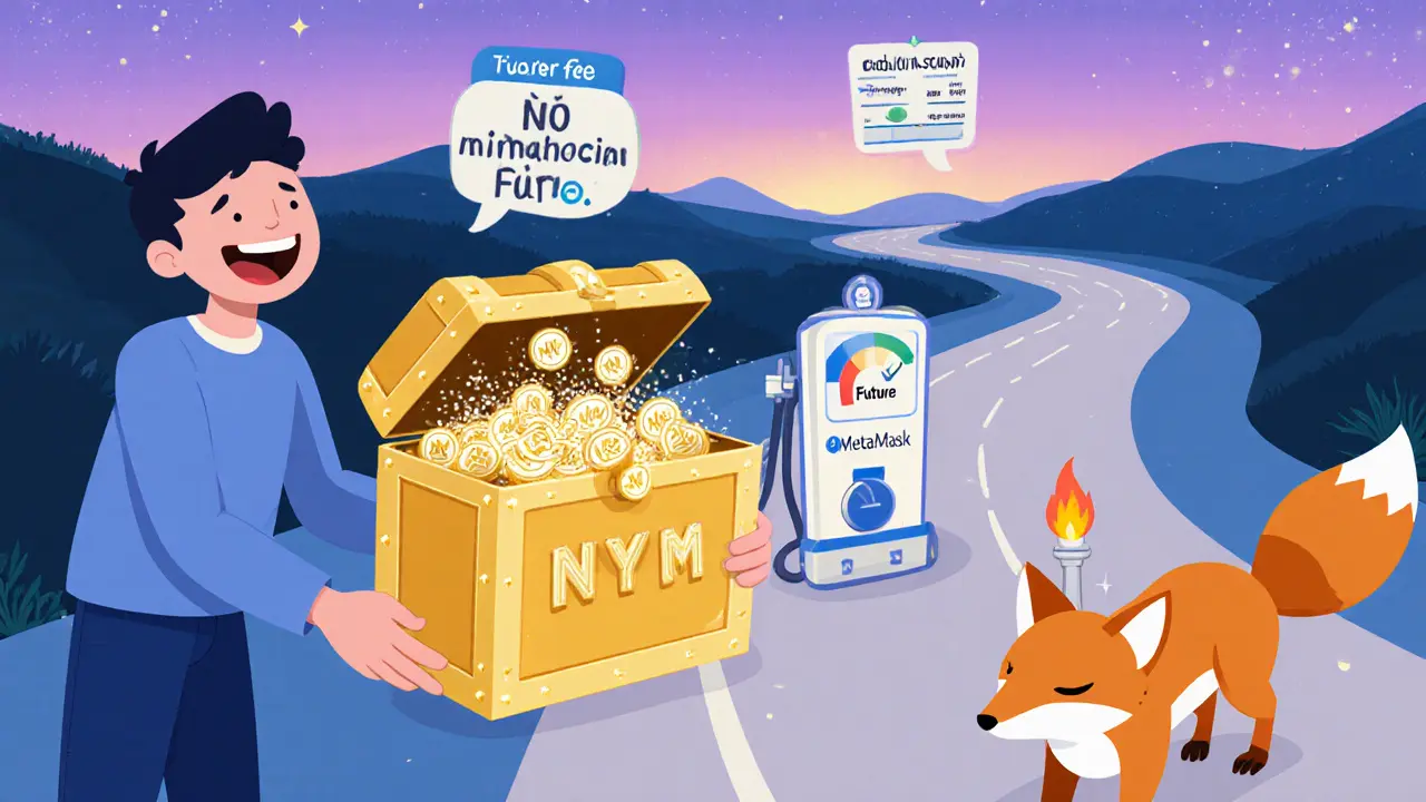 User lifts a golden wallet releasing NYM coins toward a fox mascot, with a gas meter.
