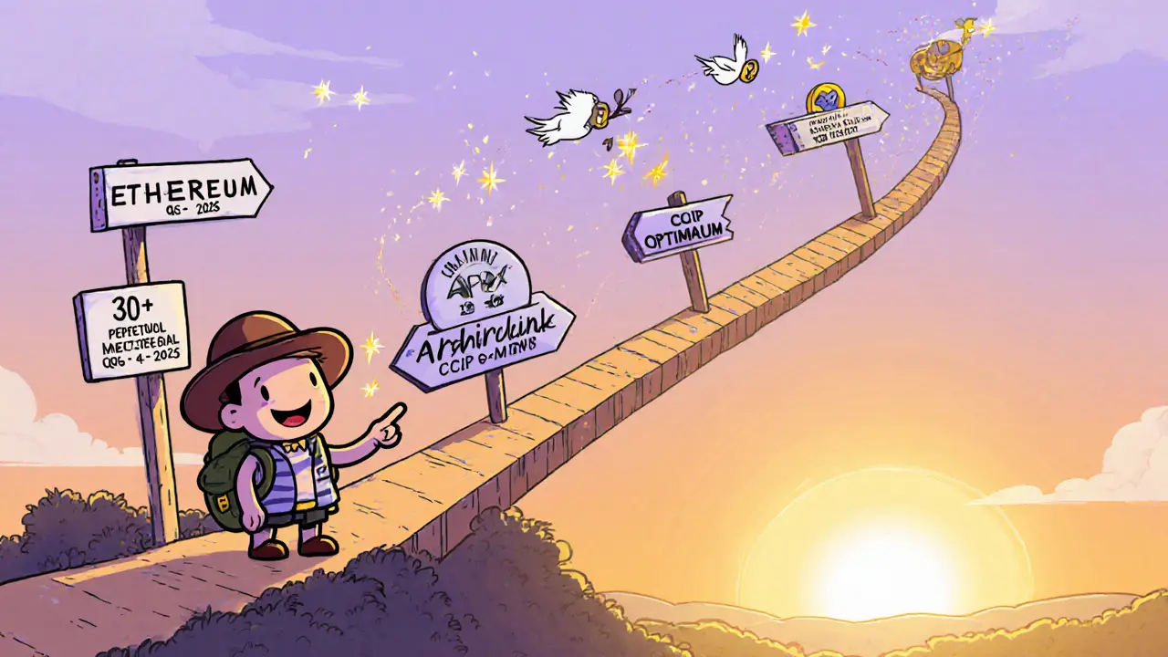 Whimsical roadmap with explorer pointing to spot trading, more pairs, and Chainlink bridges.