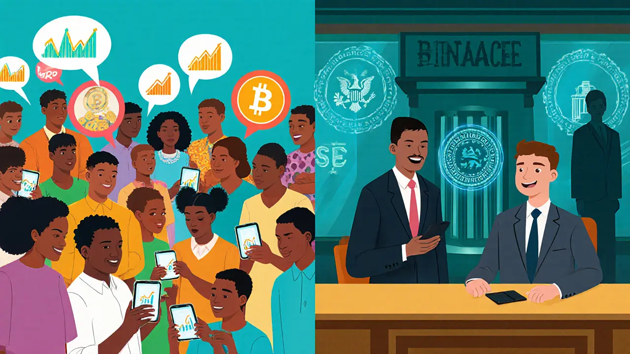 Young Nigerians trading crypto on phones while a bank meets a crypto exchange under SEC symbols.