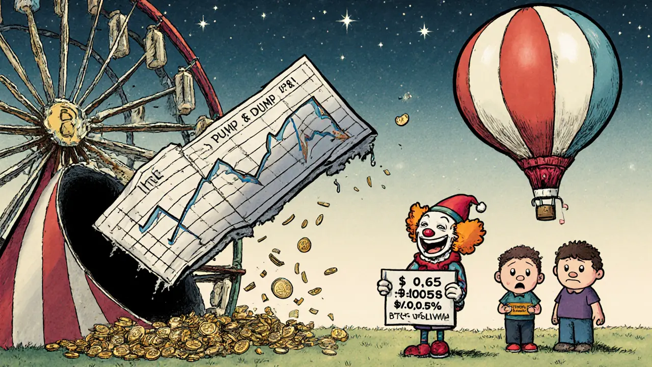 A broken carnival ride labeled &#039;CADAI Pump &amp; Dump&#039; with a deflating price chart falling into a black hole.