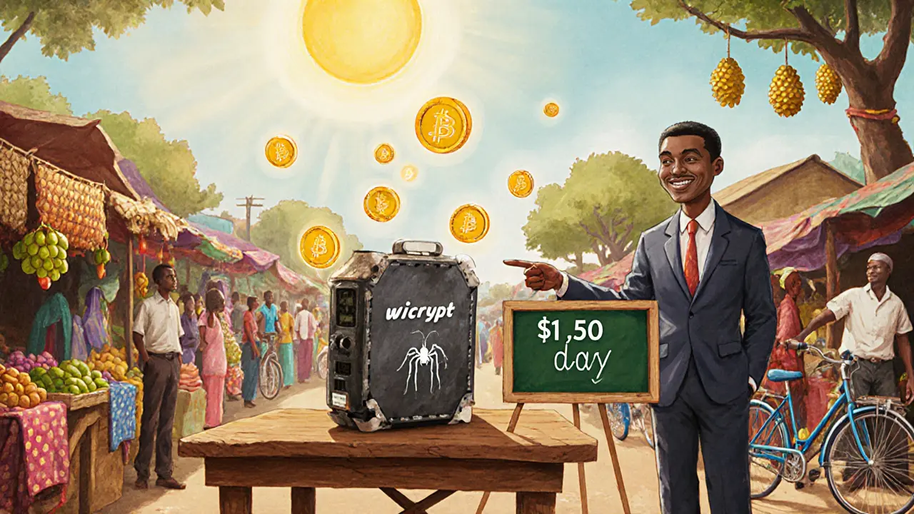 A busy Nigerian market with a Wicrypt Spider hotspot and customers paying with digital tokens under the sun.