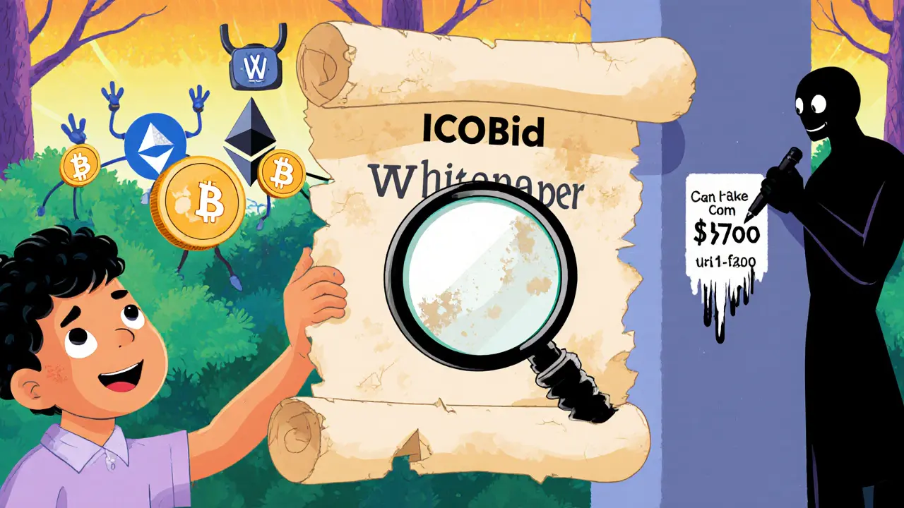 A child examines a blank whitepaper scroll while other crypto tokens thrive nearby.