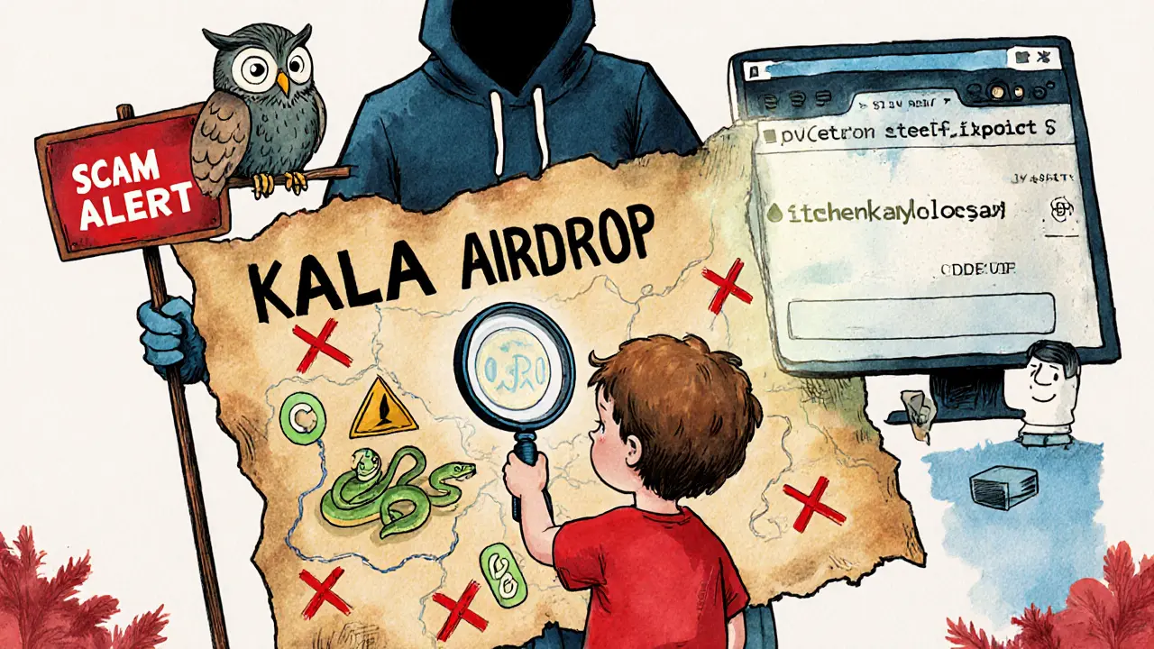 A child examines a faded airdrop map while a shadowy figure offers a fake token nearby.