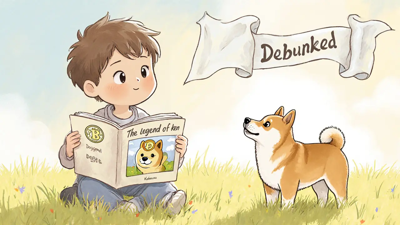 A child reads a fake KEN legend while the real Kabosu dog looks on knowingly in a sunny meadow.