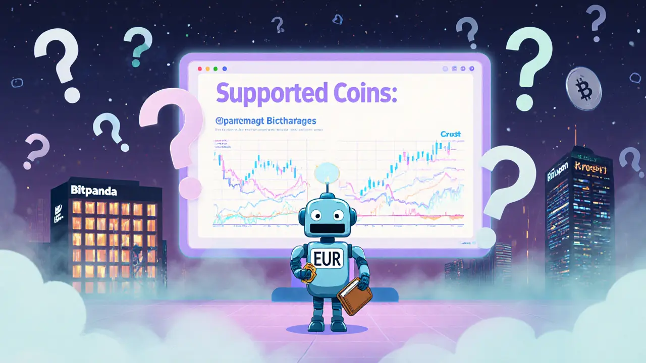 A confused robot facing a blank screen with question marks, while other exchanges glow brightly in the background.