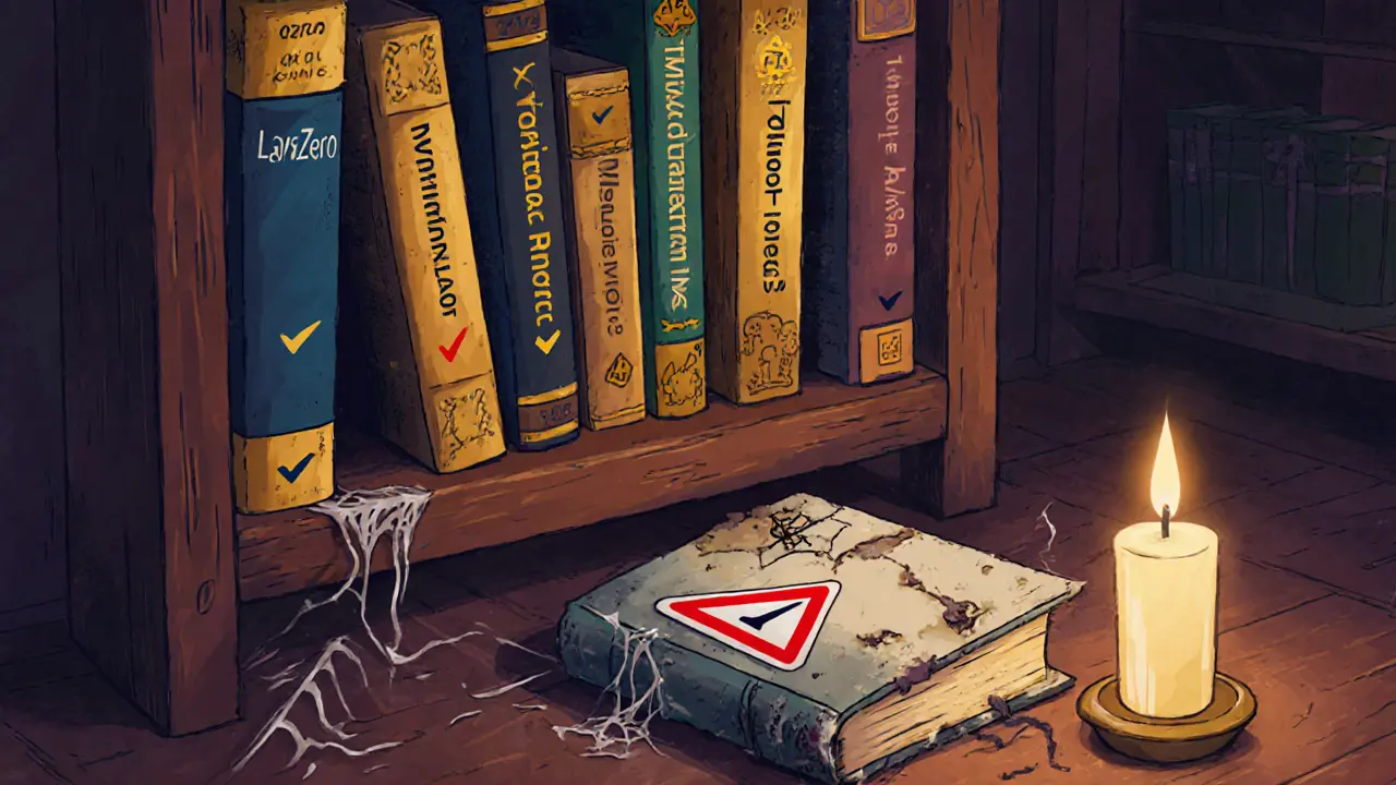 A cozy library shelf holds verified crypto books, while a dusty, abandoned book labeled DeFiHorse lies forgotten on the floor.