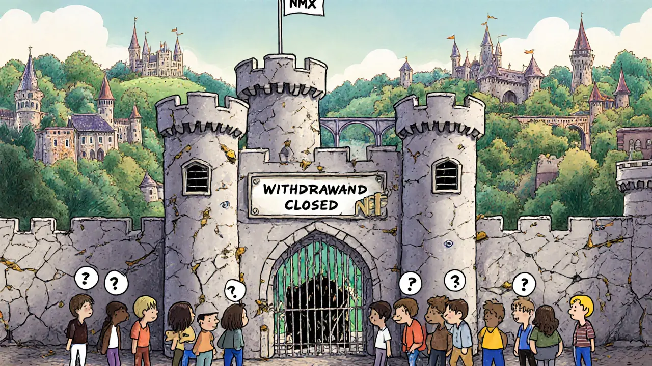 A crumbling castle labeled Nominex with users waiting outside a closed gate, in a storybook style.