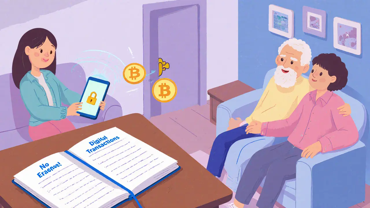A family sends crypto to a relative overseas as a digital lock opens automatically, with a blockchain notebook on the table.