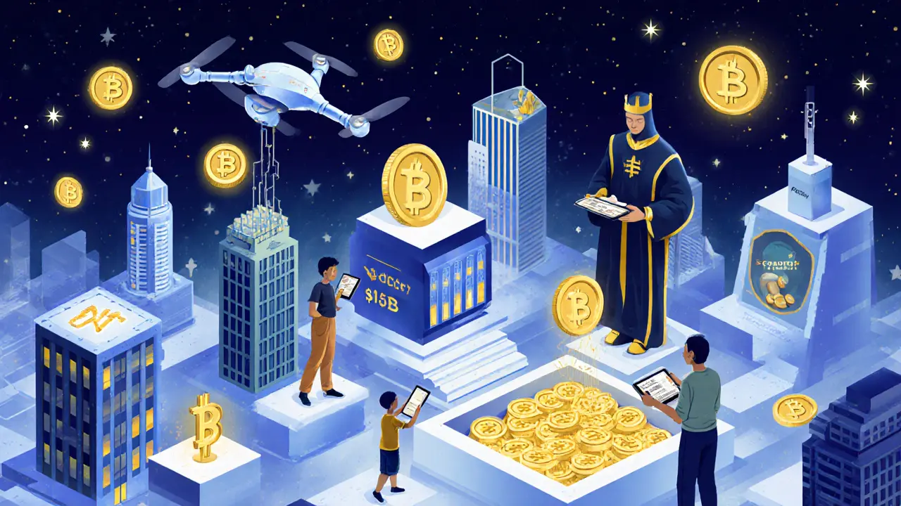 A floating blockchain city where people use DeFi, AI, and institutional investors contribute to a glowing financial hub.