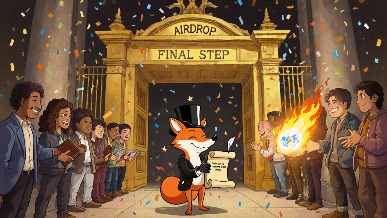 A fox guards a golden gate labeled &#039;Airdrop Final Step&#039; as fans receive NFTs, while a fake scam scroll burns nearby.