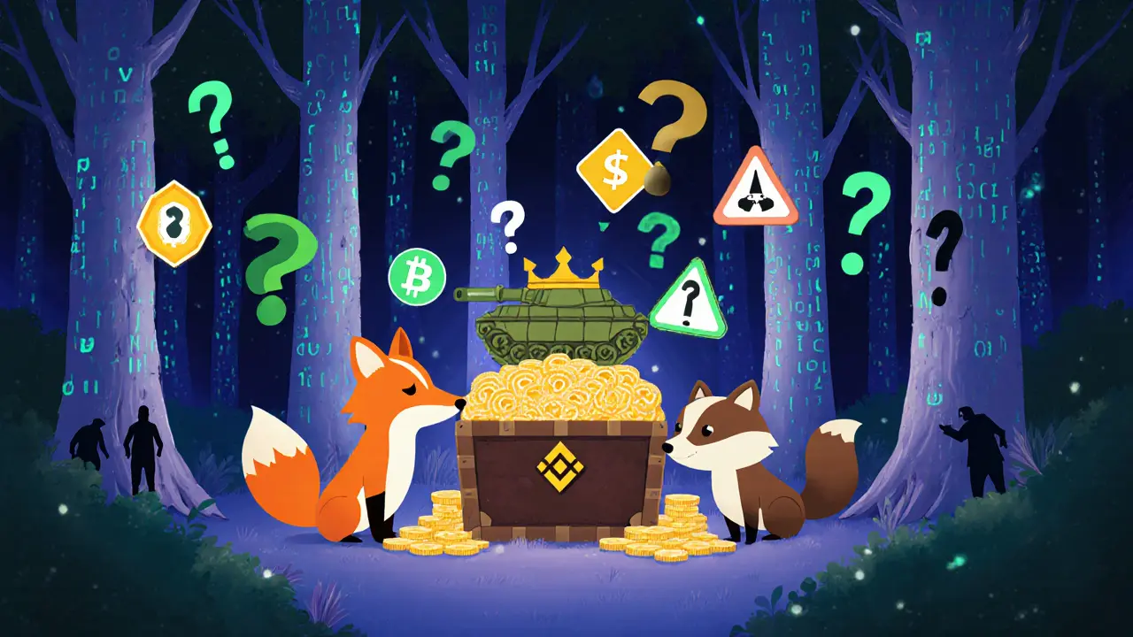 A friendly wallet forest with animal companions guarding $PLACE coins as a crowned tank emerges.