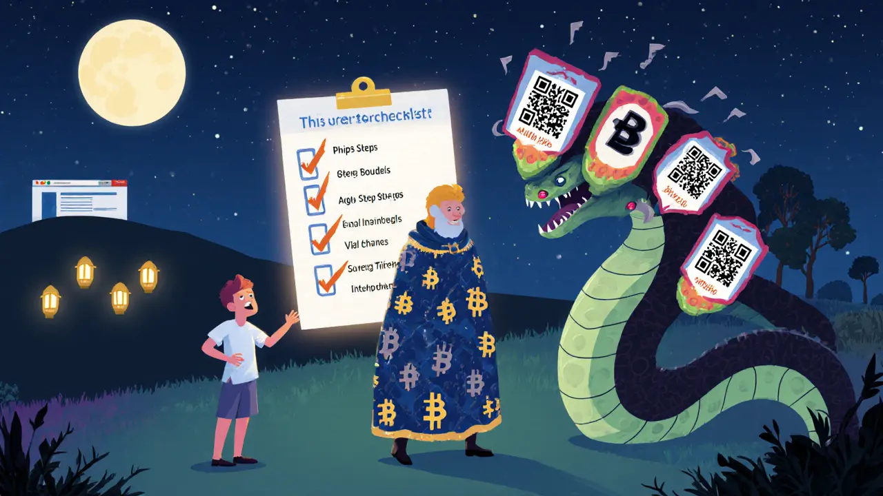 A guardian protecting a new user from a phishing monster, with a magical seven-step checklist glowing in the background.