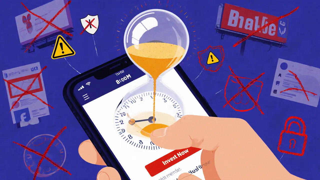 A hand hesitating over a crypto app with a 24-hour hourglass above it, blocking the invest button.