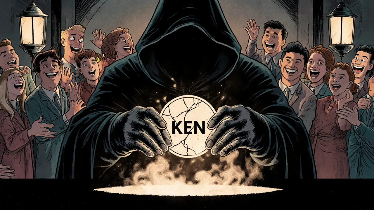 A hooded figure offers a dissolving KEN token to eager investors in a dimly lit storybook scene.
