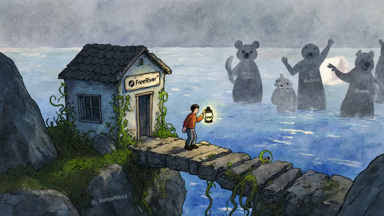 A lonely user crossing a crumbling bridge to a small, overgrown exchange called FreeRiver.