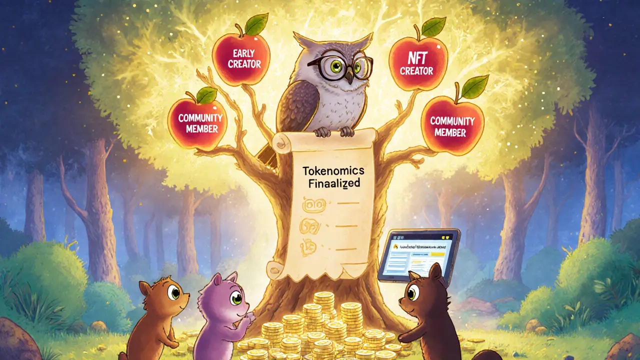 A magical blockchain tree bears NFT fruits while curious creatures examine a crumbling fake website.