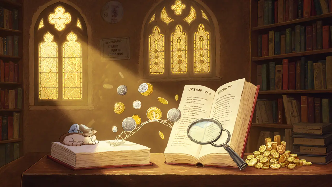 A magical library with books about DeFi, glowing tokens, and a sleeping cat atop gas fee coins.