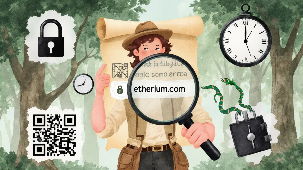 A magnifying glass examining a fake domain name with warning symbols floating around in a whimsical illustrated scene.