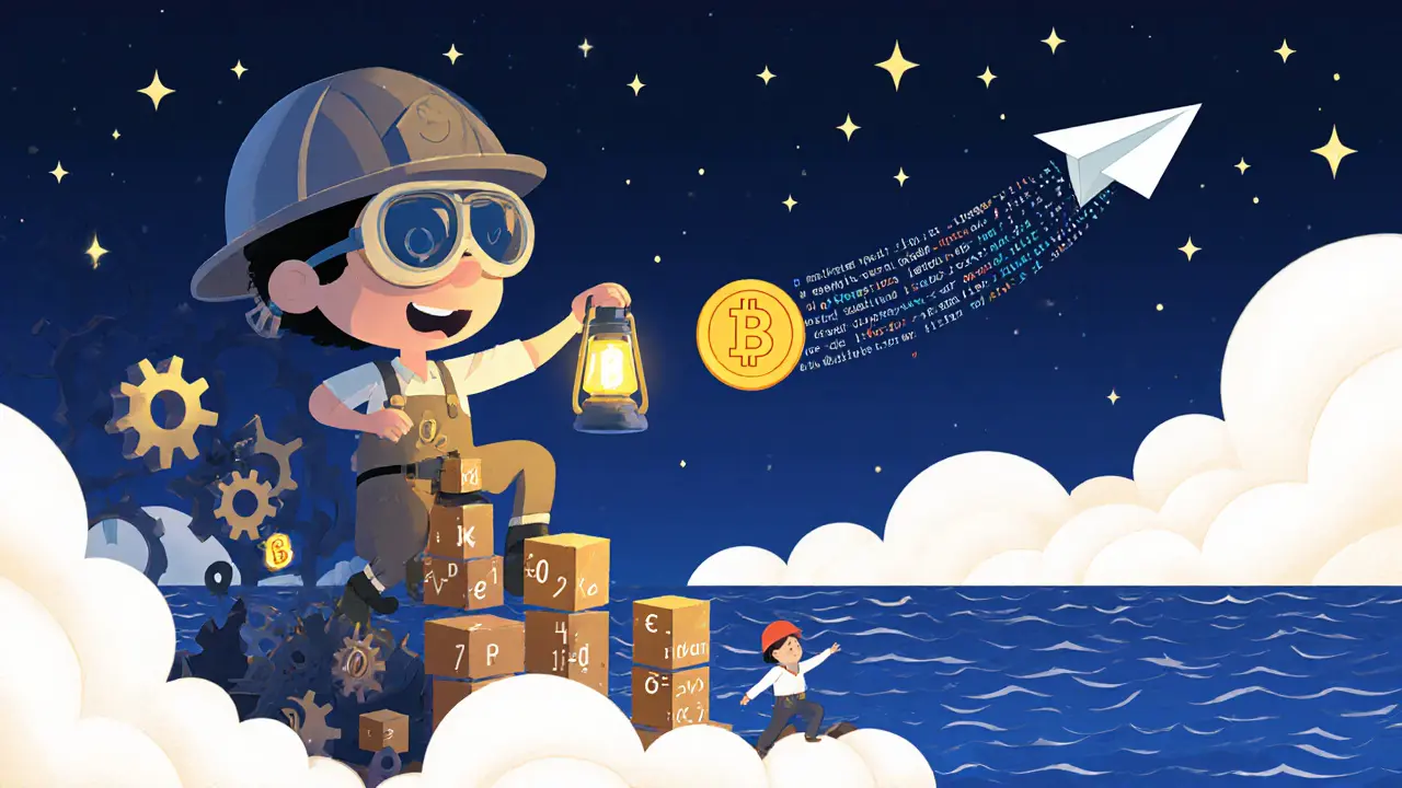 A miner solves glowing math puzzles to add blocks to a towering blockchain under a starry night sky.