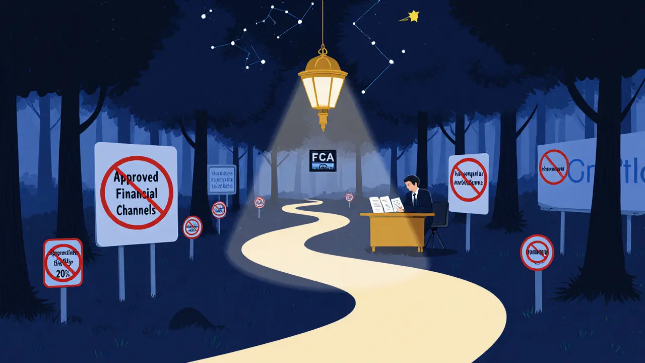 A narrow path of approved channels leads to a professional investor reviewing compliance documents.