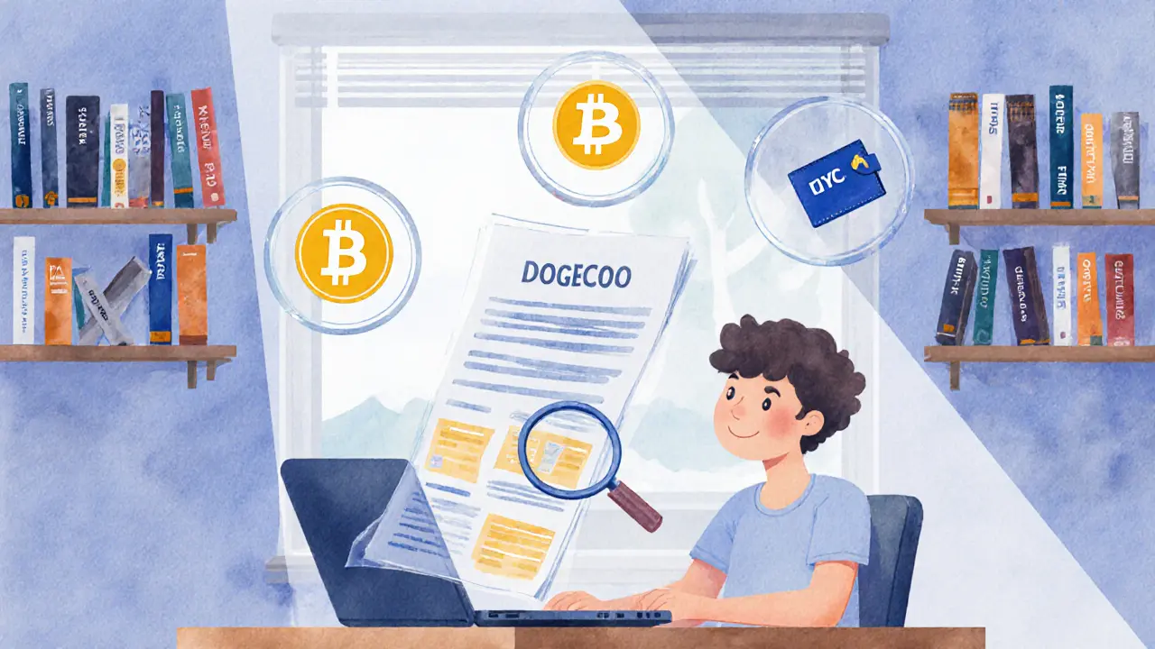 A person at a desk with crypto icons and regulatory documents under soft morning light.
