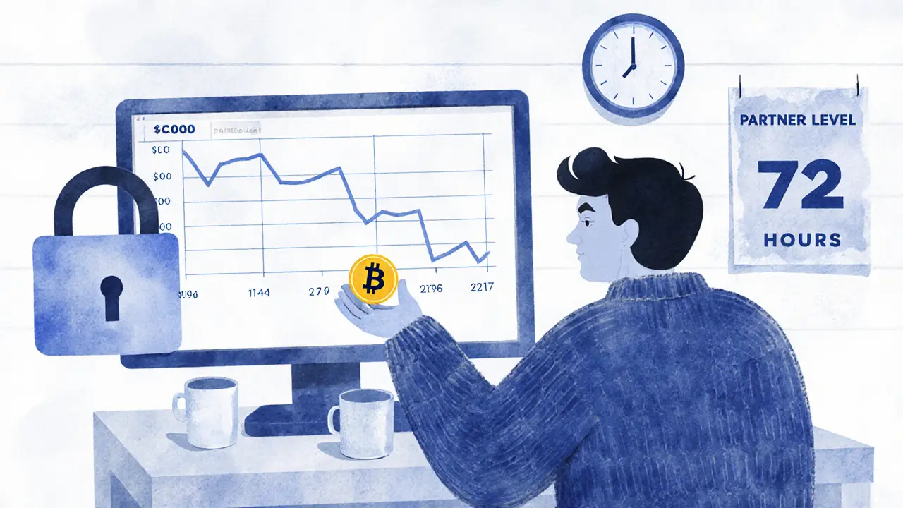 A person staring at a crashing NMX price chart, with a locked staking symbol and a ticking clock.