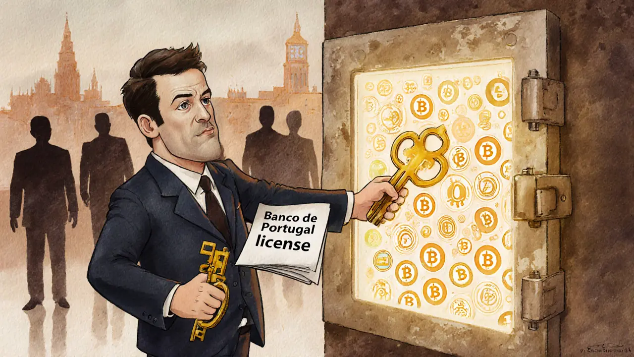 A regulator holding a golden license key beside a vault filled with cryptocurrency icons, while unlicensed exchanges fade away.