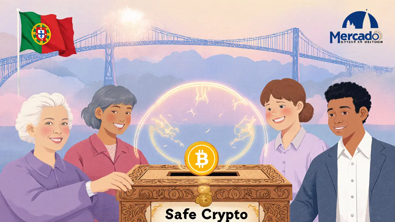 A retiree, student, and foreign investor placing euros into a safe box, with a glowing bridge connecting Portugal to Europe.