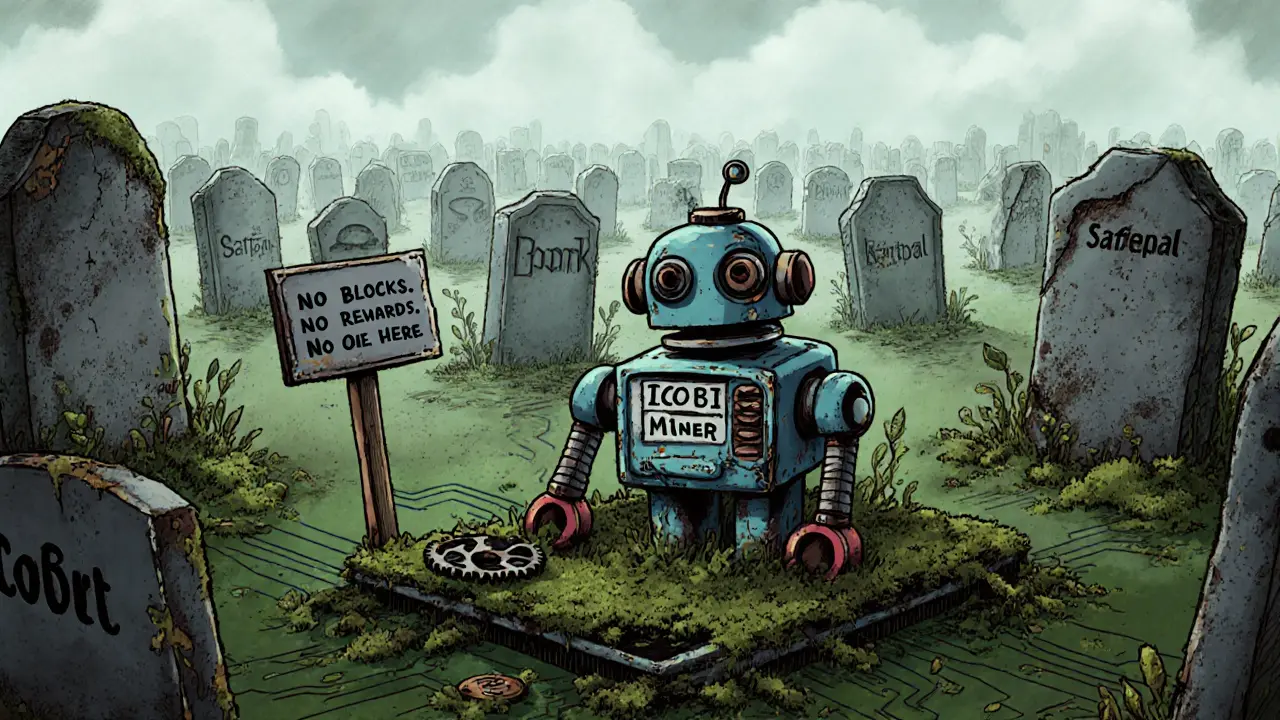 A rusted mining robot sits idle beside a sign saying &#039;No Blocks. No Rewards.&#039;