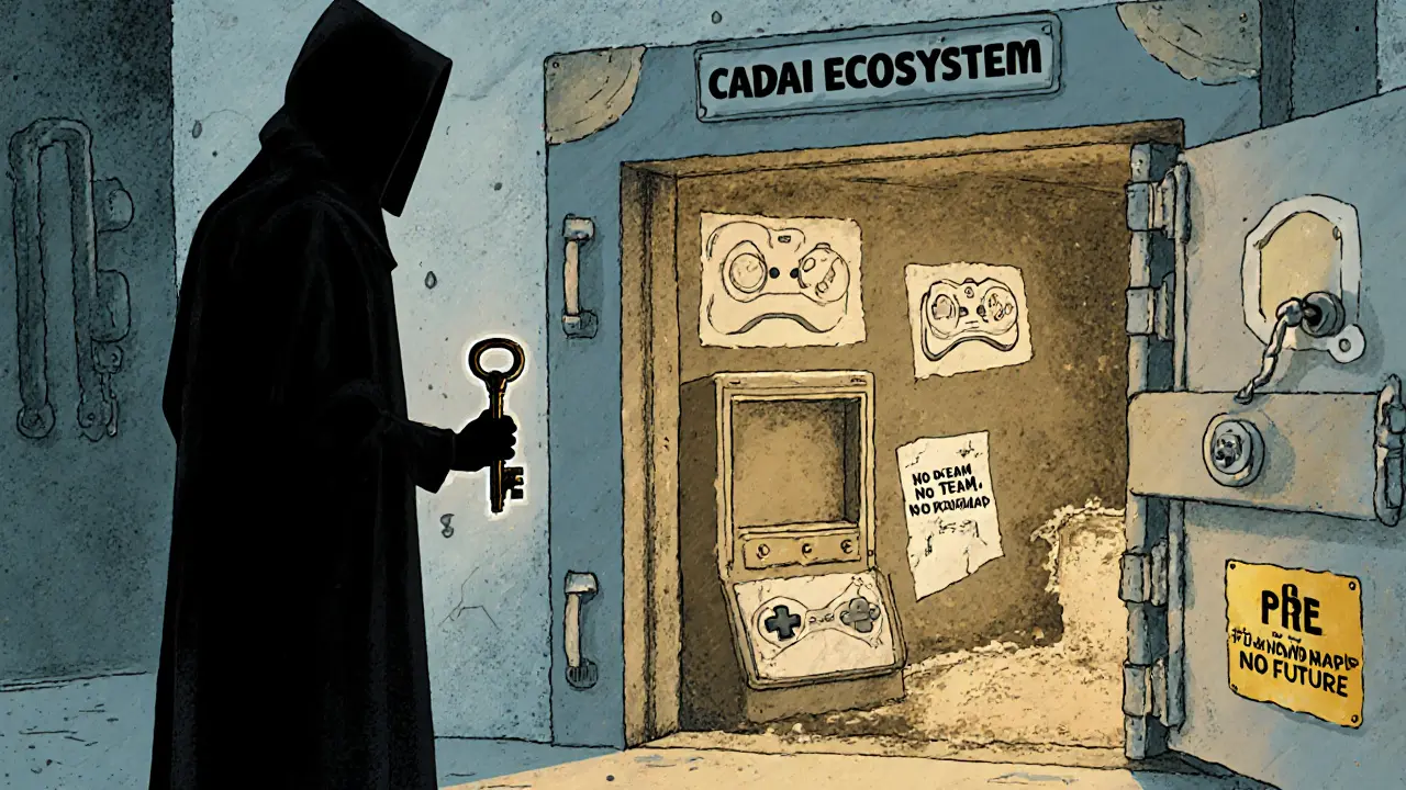 A shadowy figure stands before a locked vault labeled &#039;CADAI Ecosystem&#039; filled with unused gaming and DeFi gear.