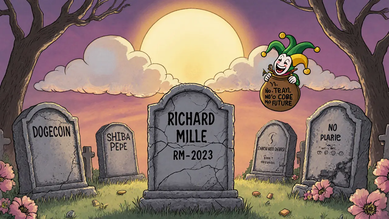 A silent crypto graveyard with a lonely tombstone for RM coin under a jester-shaped cloud.