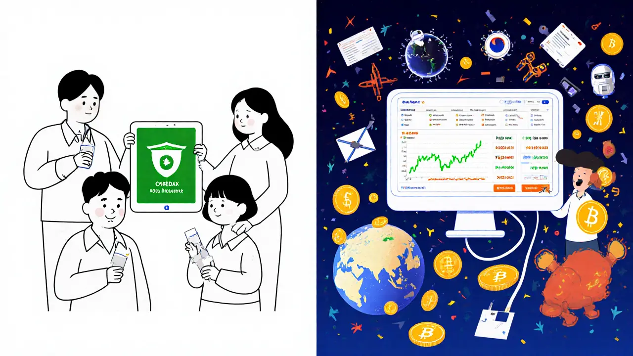 A split scene showing a secure Korean family using COREDAX versus a confused global trader overwhelmed by language and missing features.