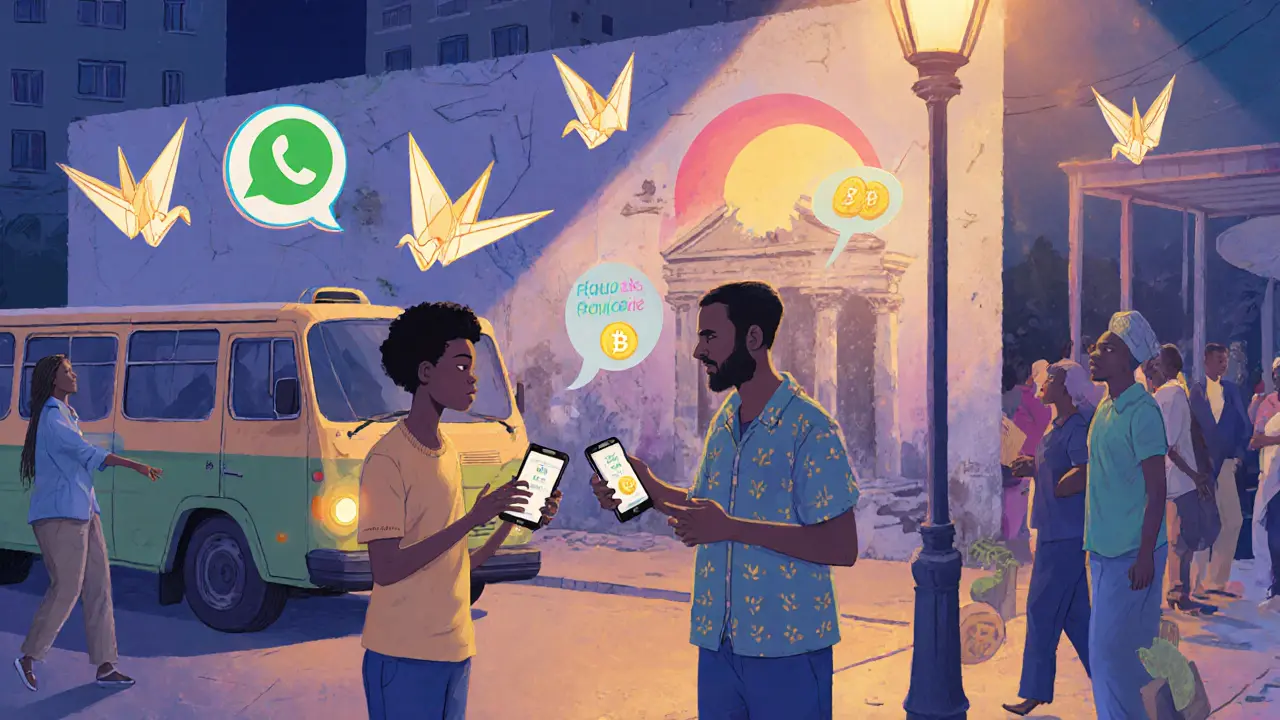 A teen and taxi driver exchange crypto for cash at a bus stop under a streetlamp.