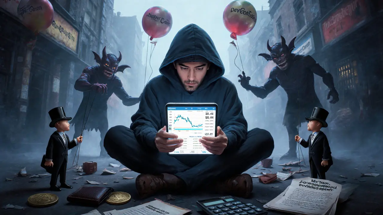 A trader surrounded by floating price charts and puppeteering demons in a surreal marketplace.