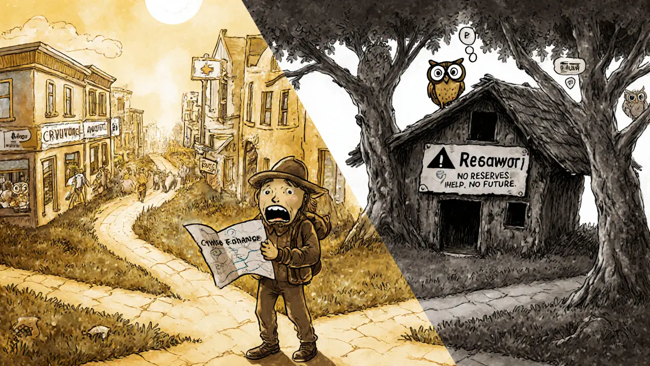 A traveler at a crossroads choosing between safe, well-lit crypto exchanges and a crumbling shack labeled Bit4you.