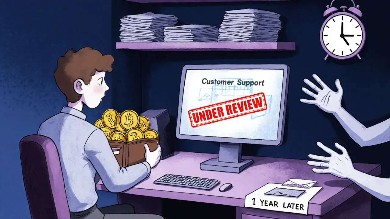 A user frozen before a computer screen showing a blocked withdrawal, surrounded by unopened emails and a ticking clock.