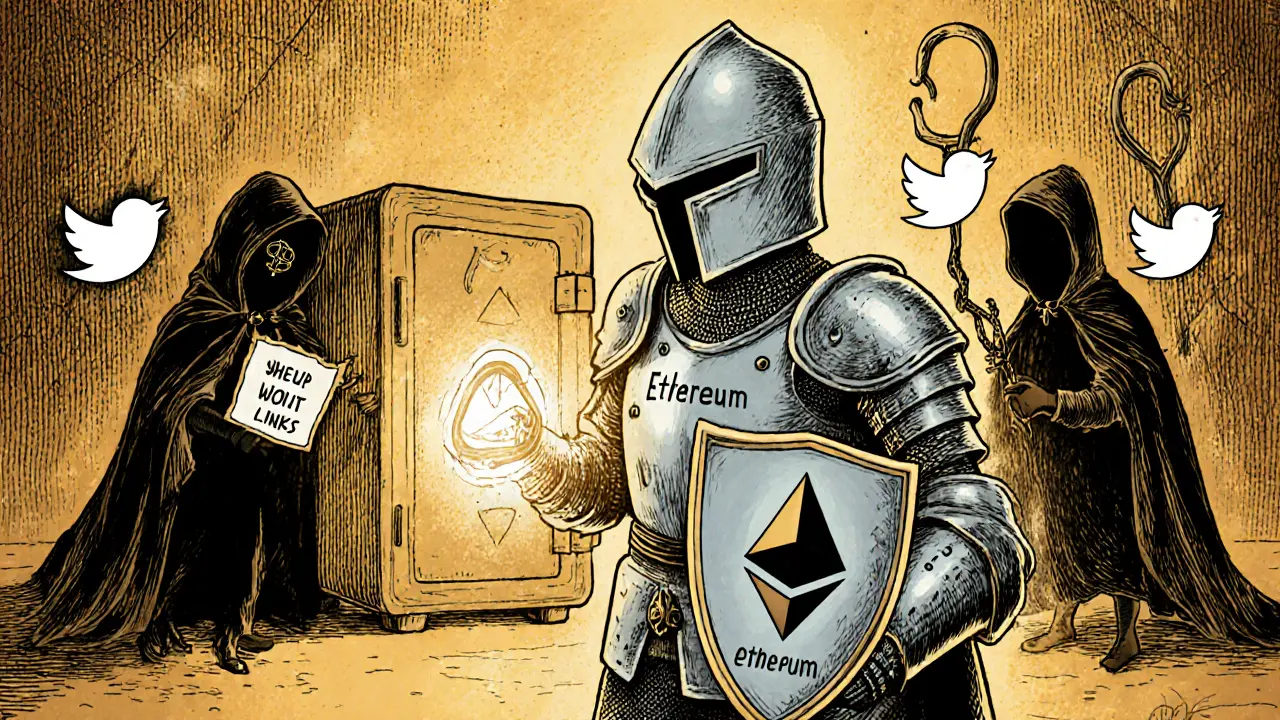 A wallet-shaped knight defends a safe from shadowy figures trying to steal funds with phishing nets under golden light.