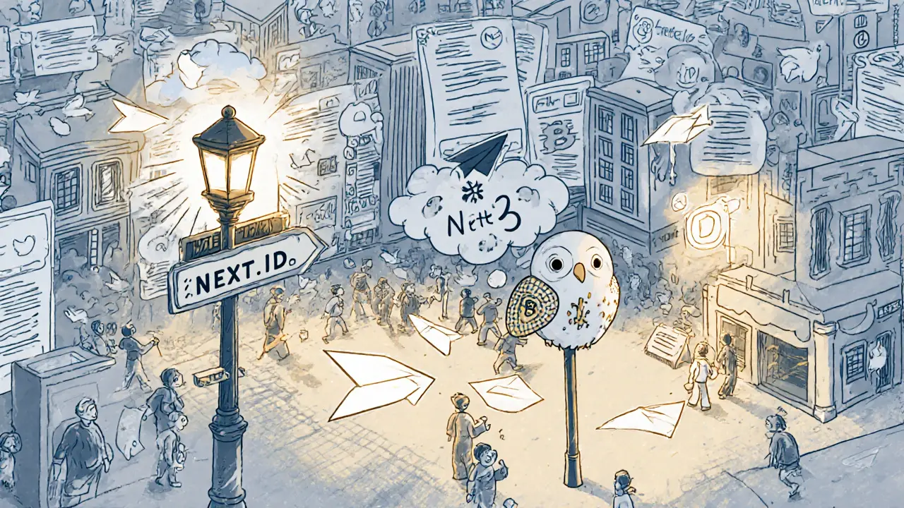 A whimsical digital town where people exchange crypto and NFTs through social feeds, guided by a mascot owl in a storybook landscape.