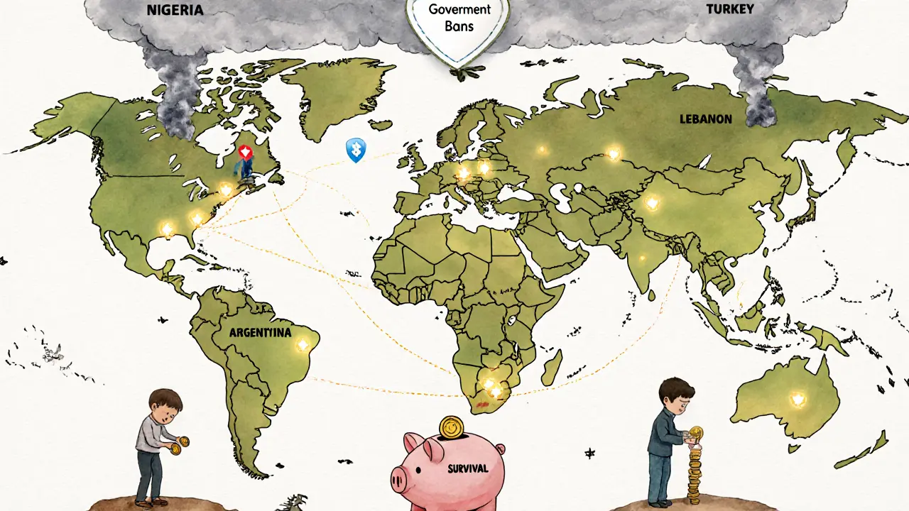 A world map shows glowing connections between countries using crypto to survive economic hardship.