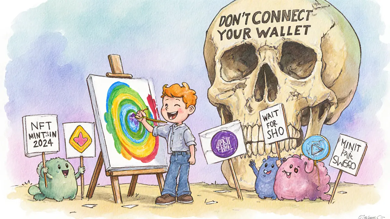 An artist paints an NFT surrounded by supportive fans, with a warning sign looming in the background.