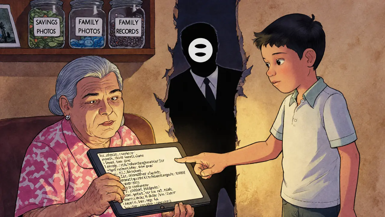 An elderly Filipino woman and her grandson try to understand a blockchain wallet on a tablet, while an unlicensed exchange fades away.
