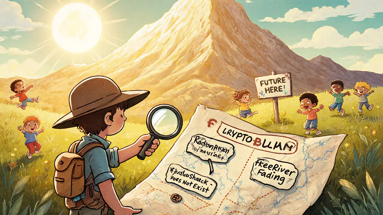 An explorer studying a confused crypto map with phantom and fading projects beside a glowing future mountain.