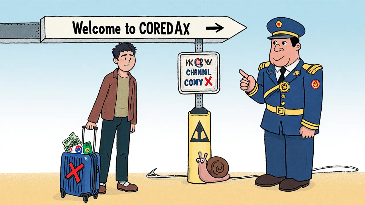 An international traveler blocked at a border checkpoint, unable to deposit anything but Korean Won into COREDAX.