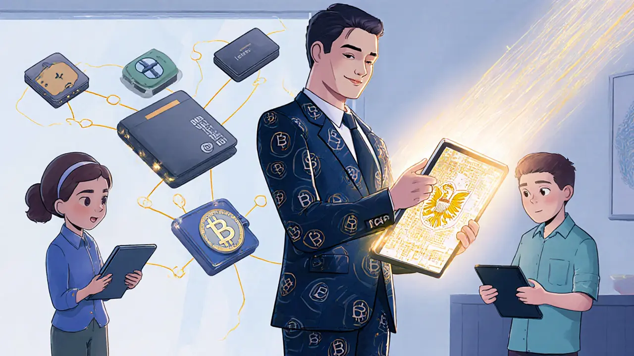 An IRS agent with a blockchain tablet maps crypto transactions while a family uses tax software peacefully.