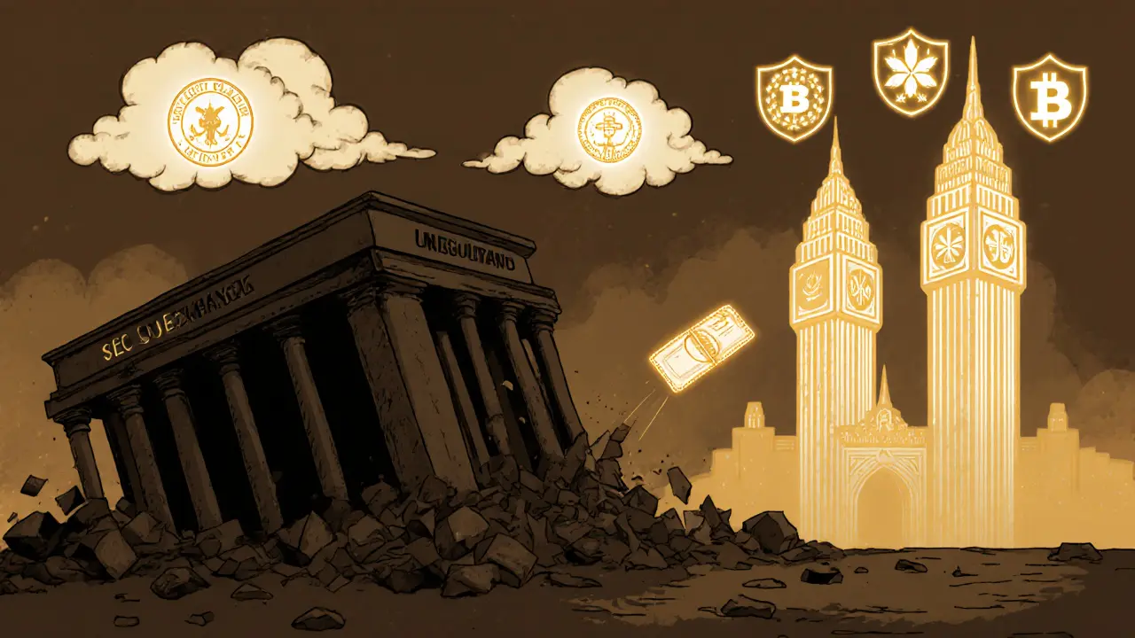 Crumbling unregulated exchange vs. glowing licensed crypto platforms in a fairy-tale scene.