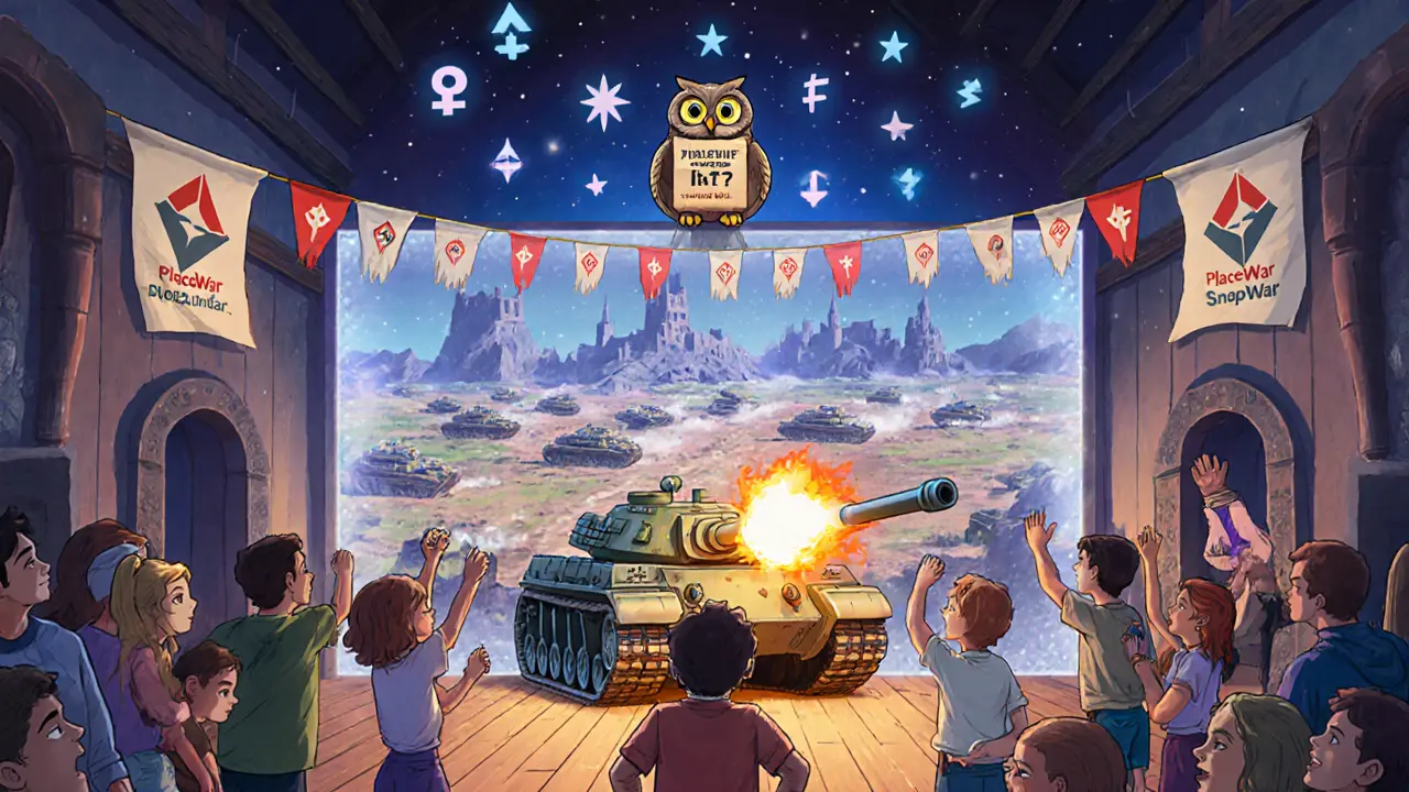 Players gathered in a floating DAO castle watching holographic tank battles, with an owl holding a scroll.