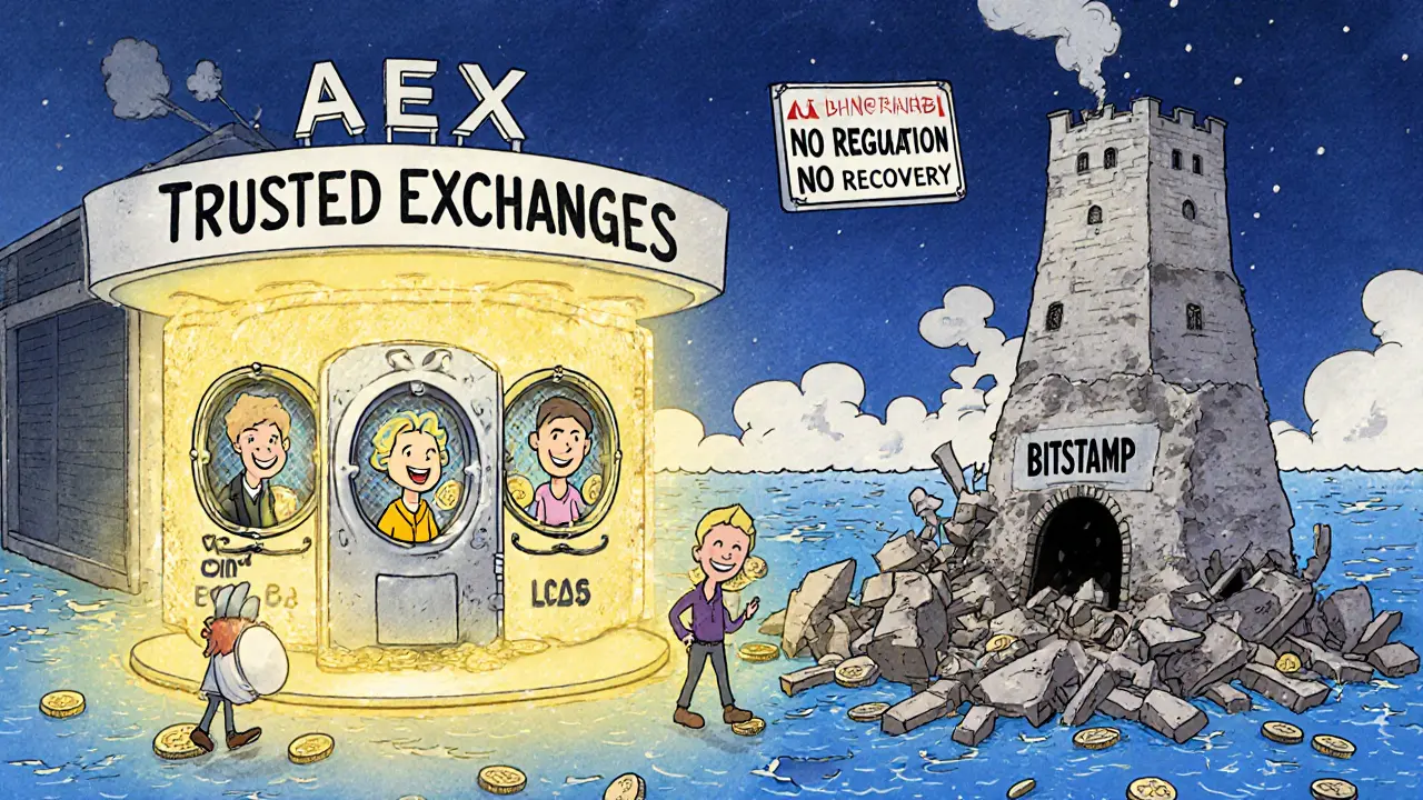 Safe crypto exchanges in a glowing harbor while AEX crumbles into a pit of lost wallets and broken promises.
