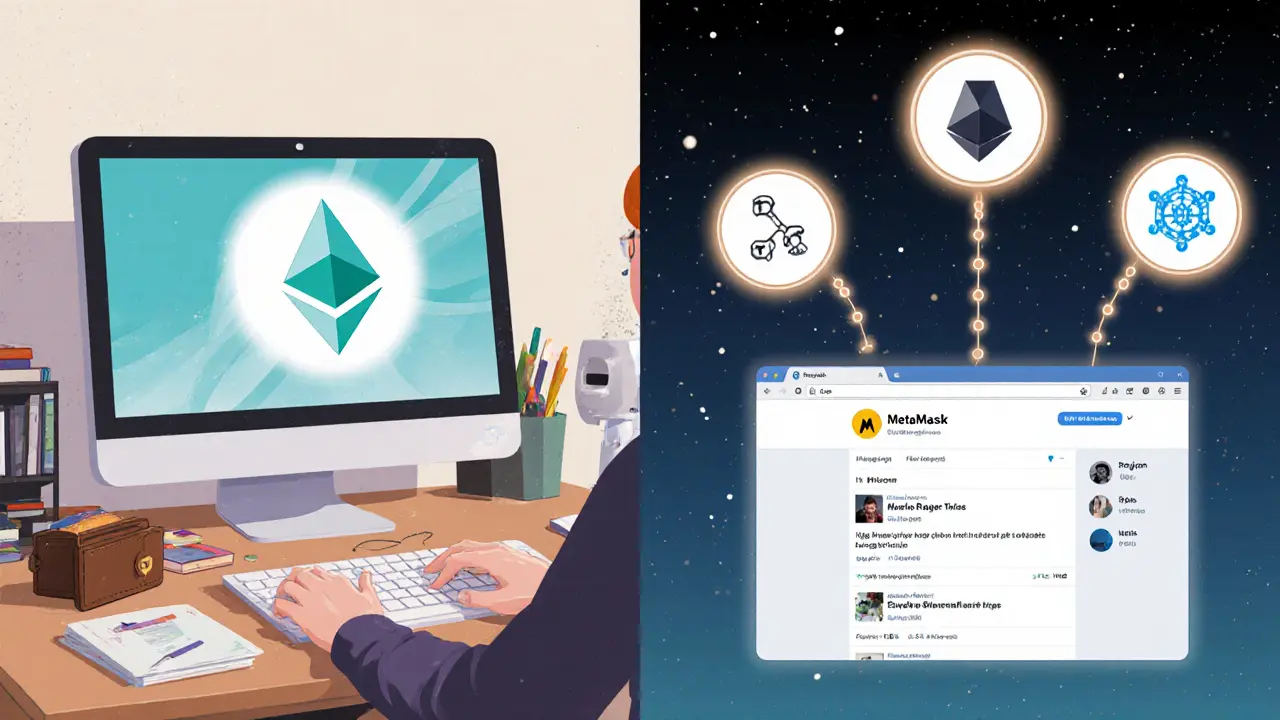 Side-by-side comparison of traditional crypto wallet use versus Mask Network’s social media integration, illustrated in soft storybook style.