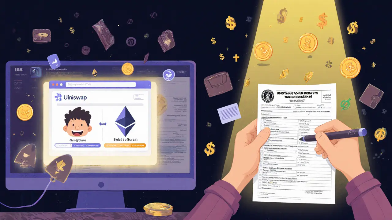 Split scene: one side shows a crypto trade with no paperwork, the other shows tax filing under bright light.